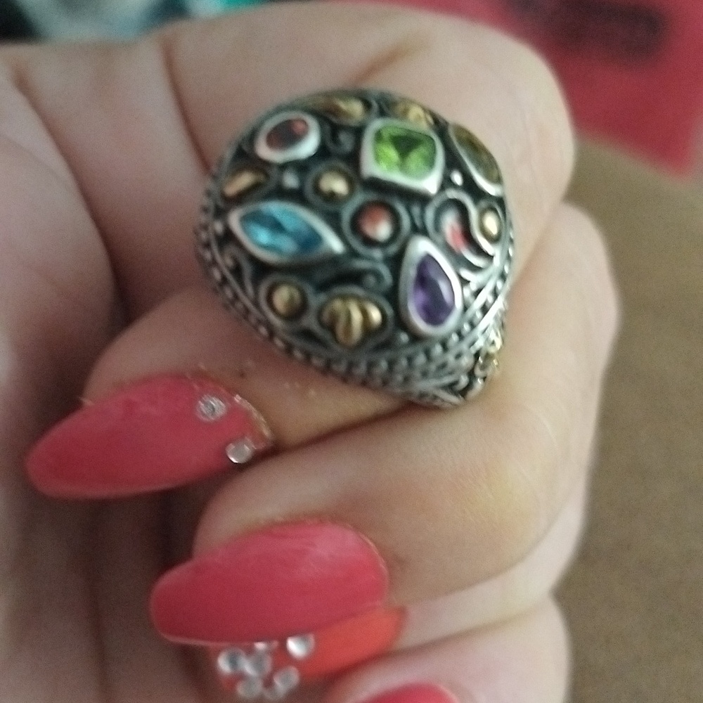 🔥Vintage Samuel Benham Sterling Silver 18 K gold W/Real Gemstones Cocktail Ring - Picture 8 of 11